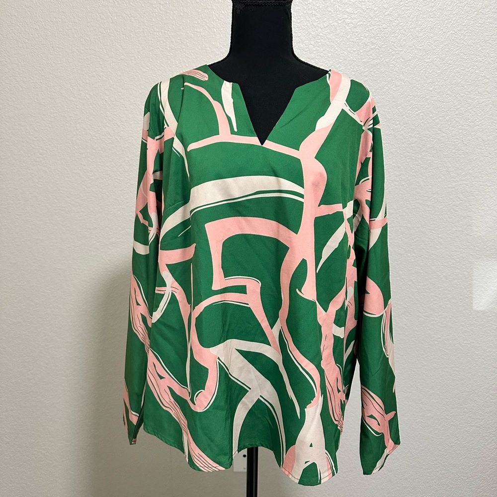 Plus Size Green and Pink Summer Blouse